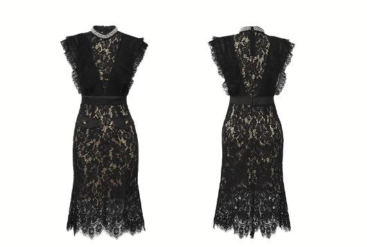 ビジューネックカットワークレースタイトワンピース