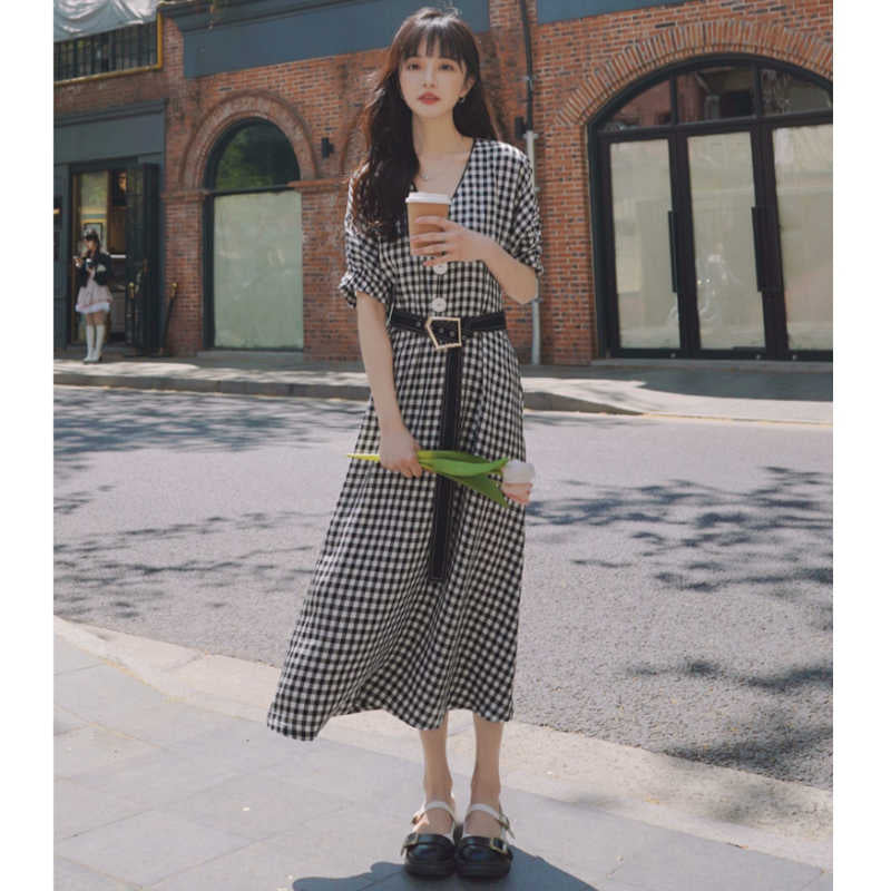 ビッグフロントボタンギンガムチェックマキシワンピース