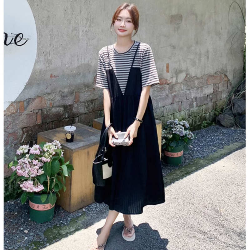 ボーダーTシャツコンビロングワンピース