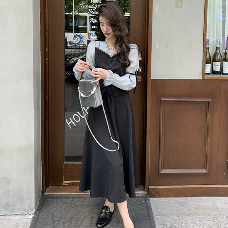 パフスリーブブラウスコンビレースアップロングワンピース