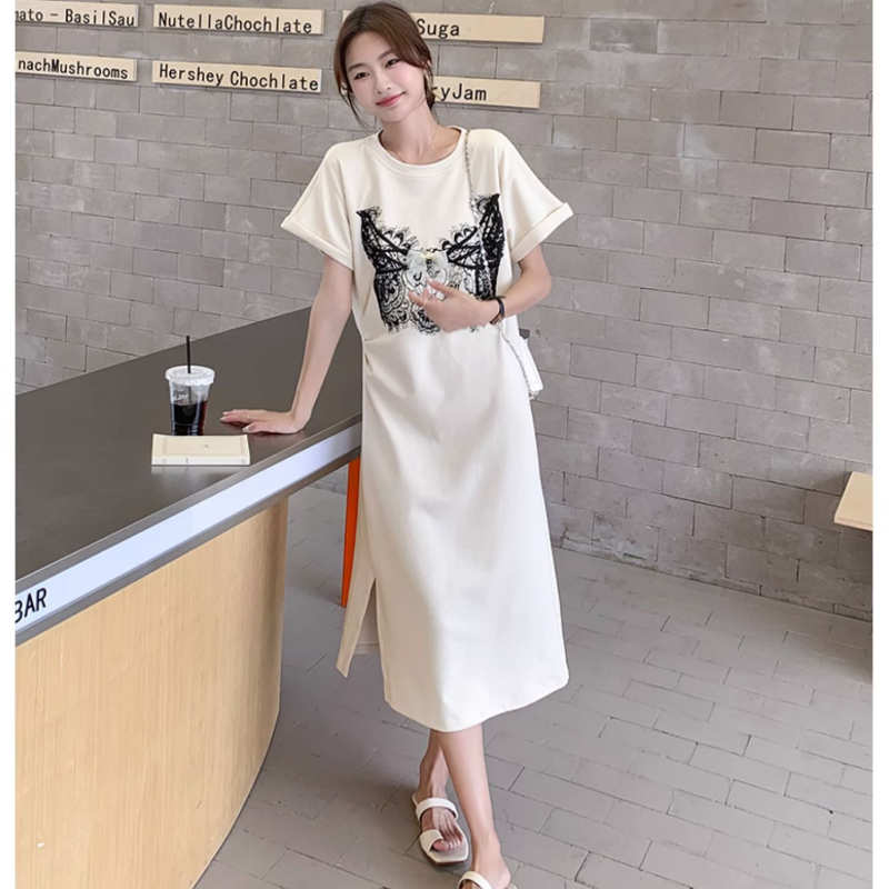 レースプリントゆるTシャツワンピース