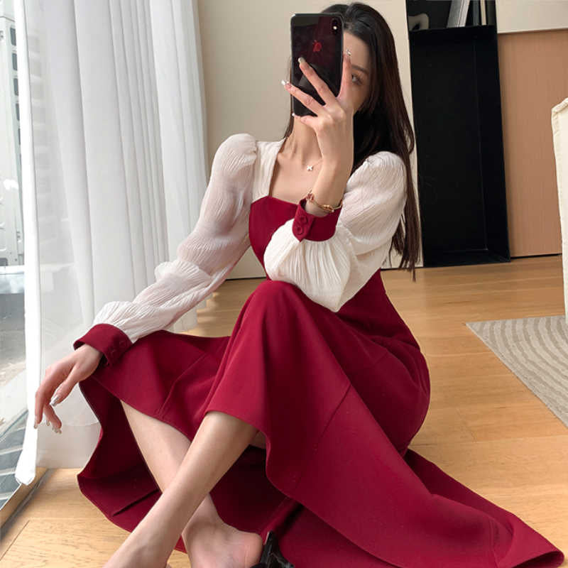 異素材ランタンスリーブバイカラーロングワンピース