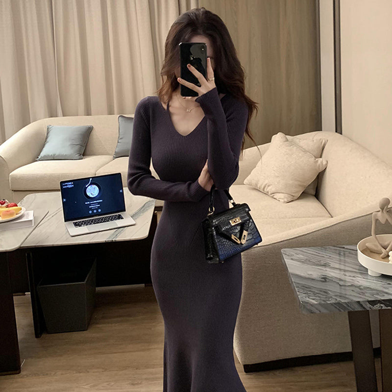 Vネックタイトニットワンピース(5colors)