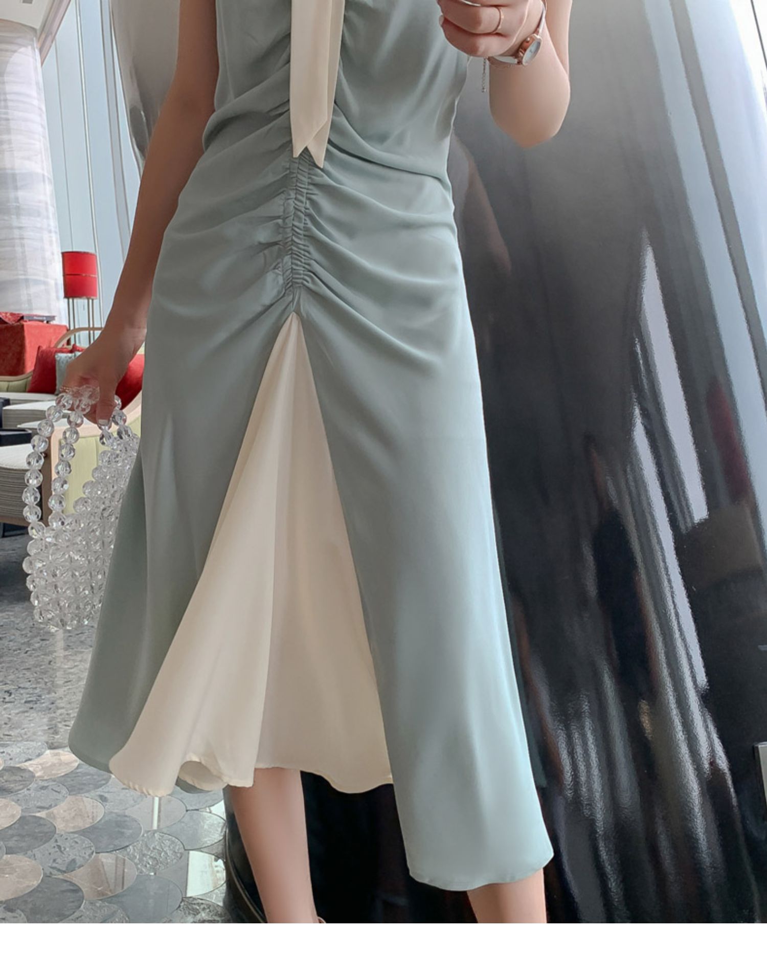 ボウタイフロントギャザーバイカラーワンピース