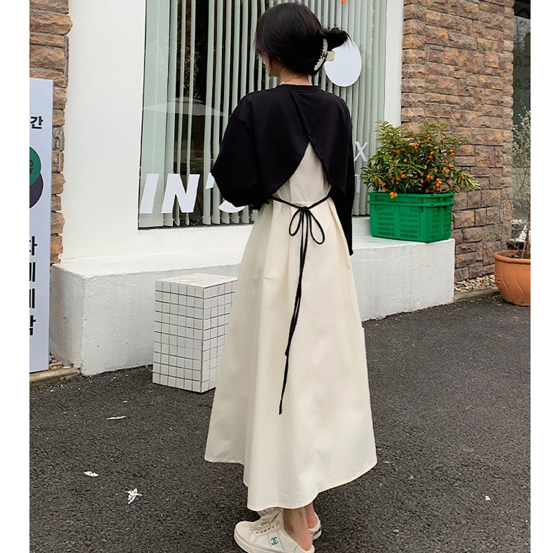 ショート丈ニットトップス×ロング丈シャツコンビ風ワンピース