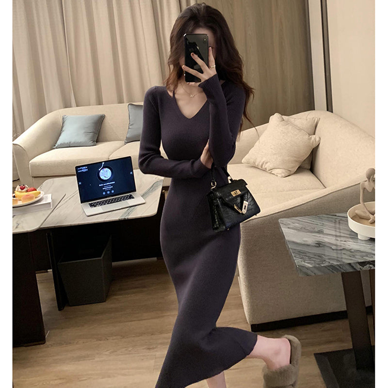 Vネックタイトニットワンピース(5colors)