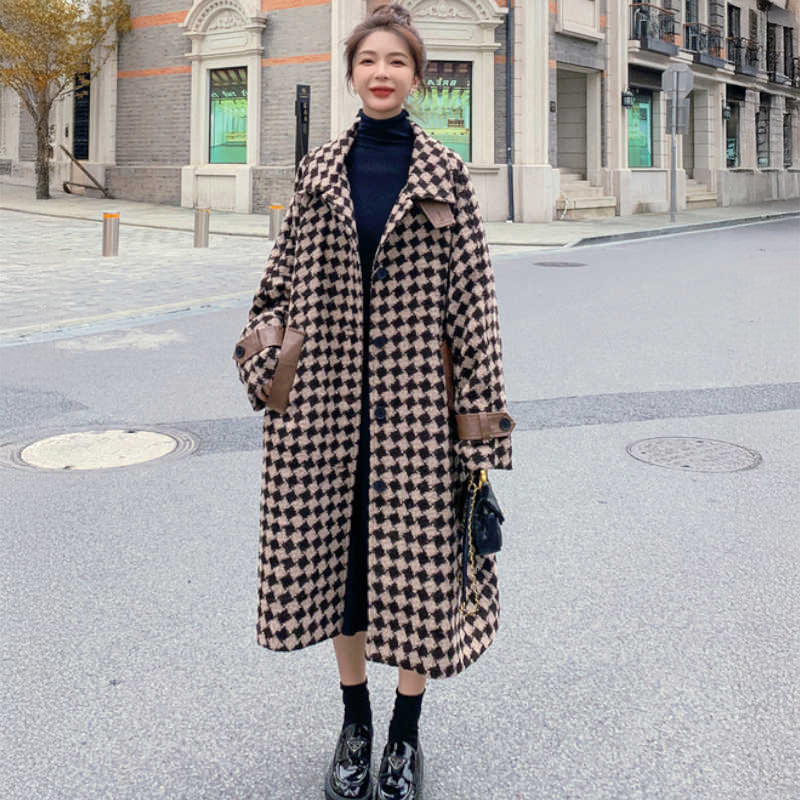 エコレザーコンビダイヤ柄ロングコート(2colors)