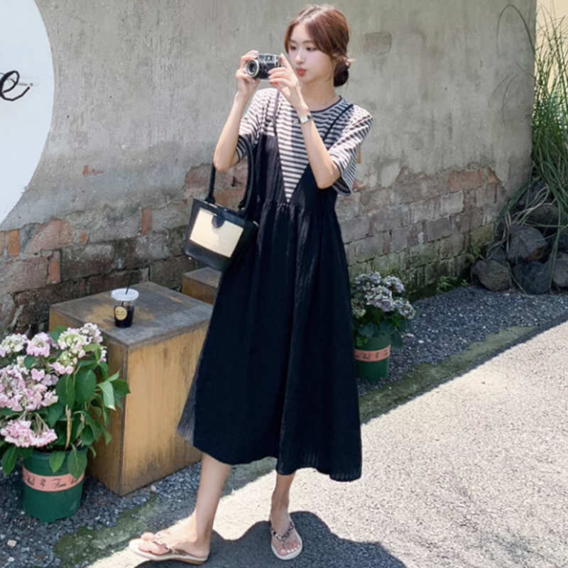 ボーダーTシャツコンビロングワンピース