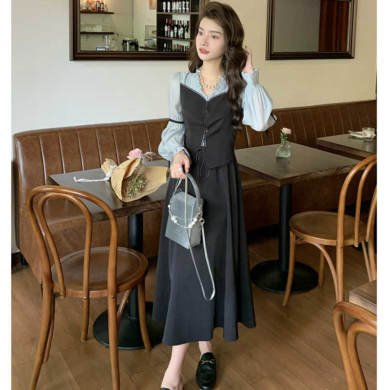 パフスリーブブラウスコンビレースアップロングワンピース