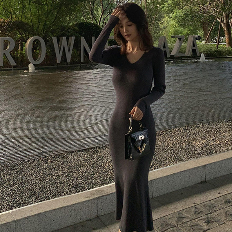 Vネックタイトニットワンピース(5colors)