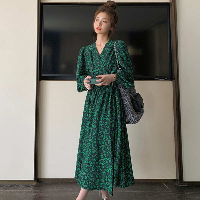 カシュクールボタニカル柄マキシワンピース