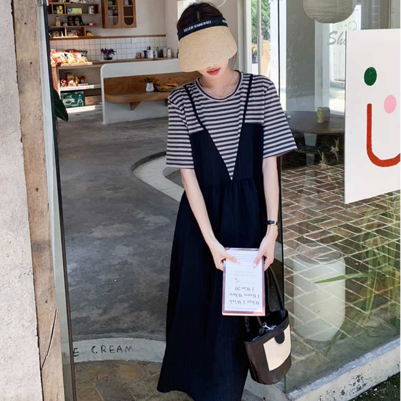 ボーダーTシャツコンビロングワンピース