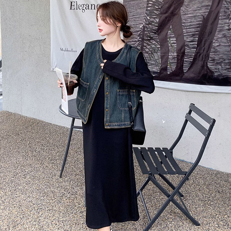 デニムベスト×マキシTシャツワンピース