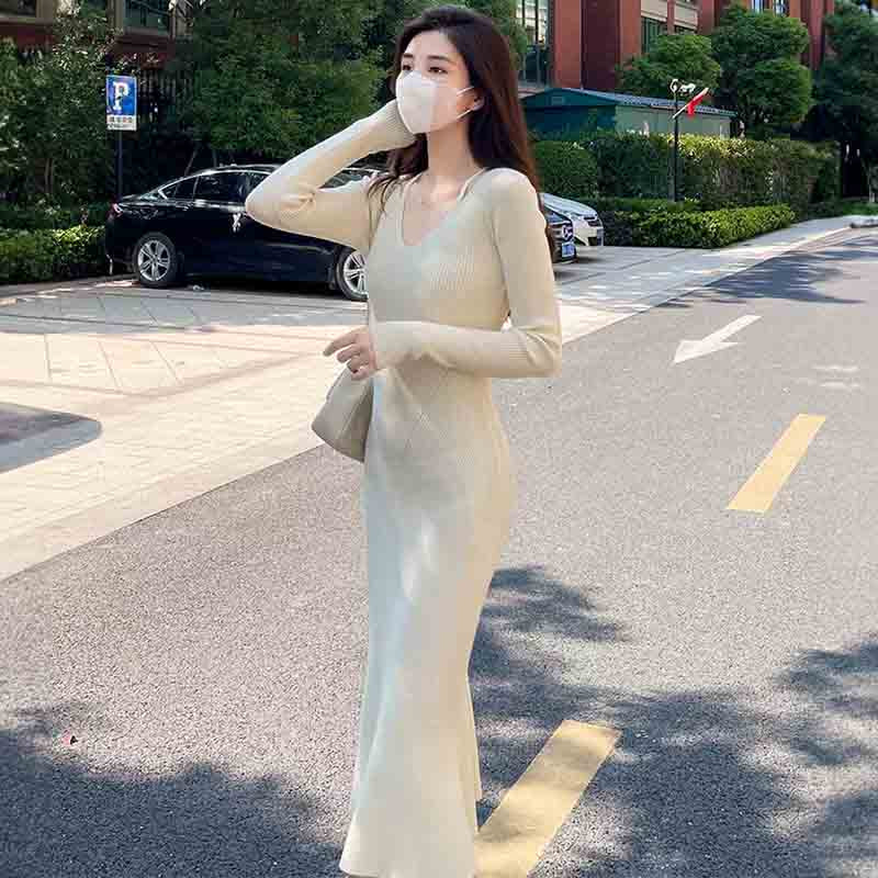 Vネックタイトニットワンピース(5colors)