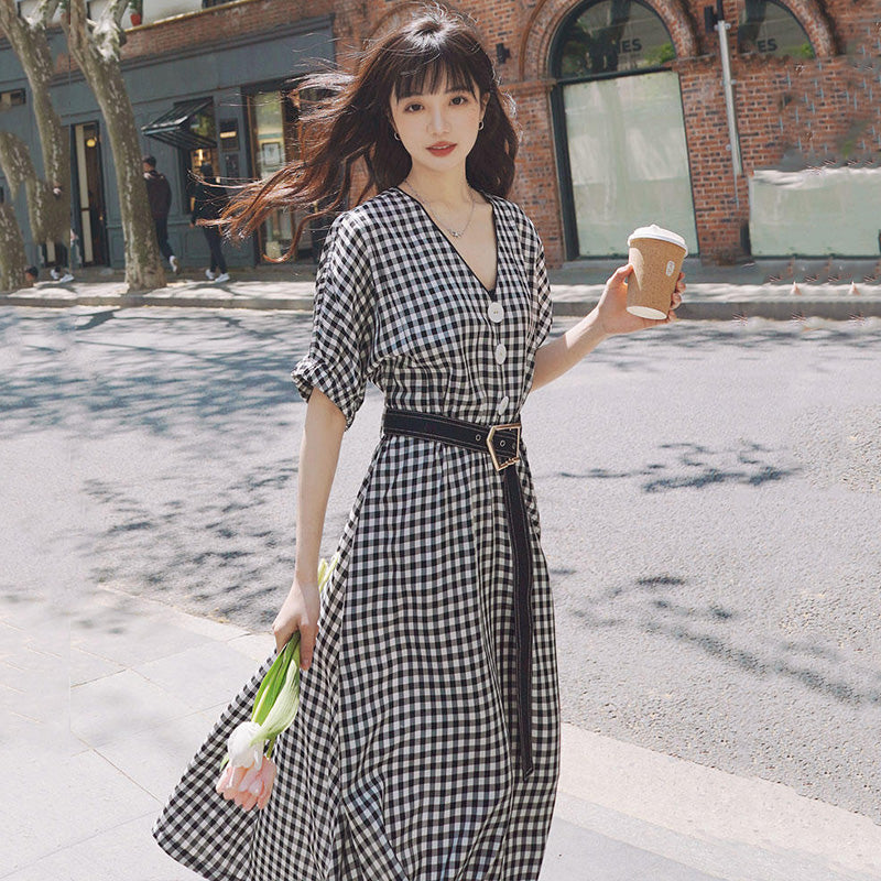 ビッグフロントボタンギンガムチェックマキシワンピース