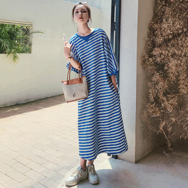 バルーン袖ボーダーロングワンピース