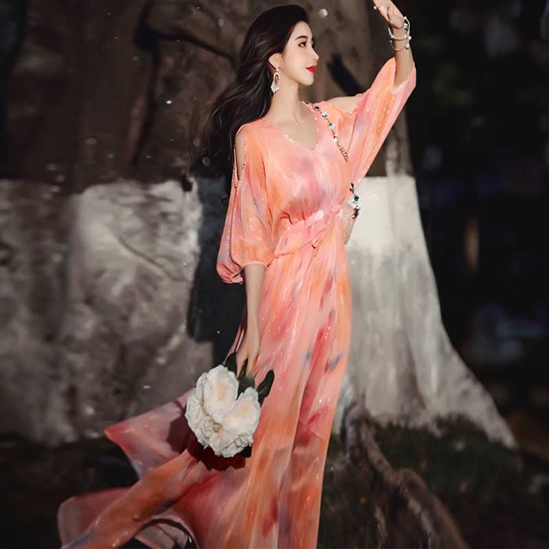 【即納】オープンショルダーシフォンワンピース