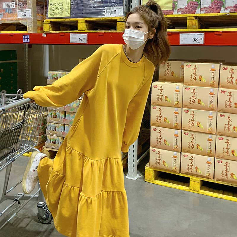 【即納】裾フリルスウェットワンピース(イエロー/M)