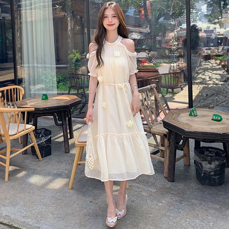 オープンショルダーシフォンワンピース