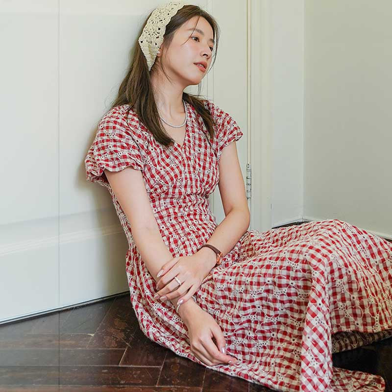 レッドチェックカシュクールワンピース