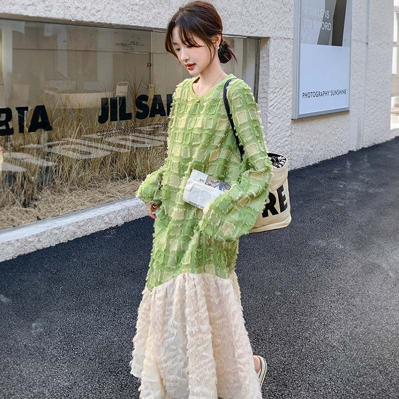 グリーンエンボスチェックワンピース