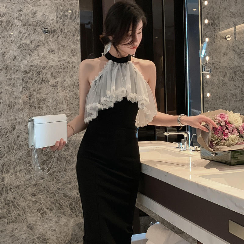 シアーラッフルコンビオープンショルダーペンシルワンピース