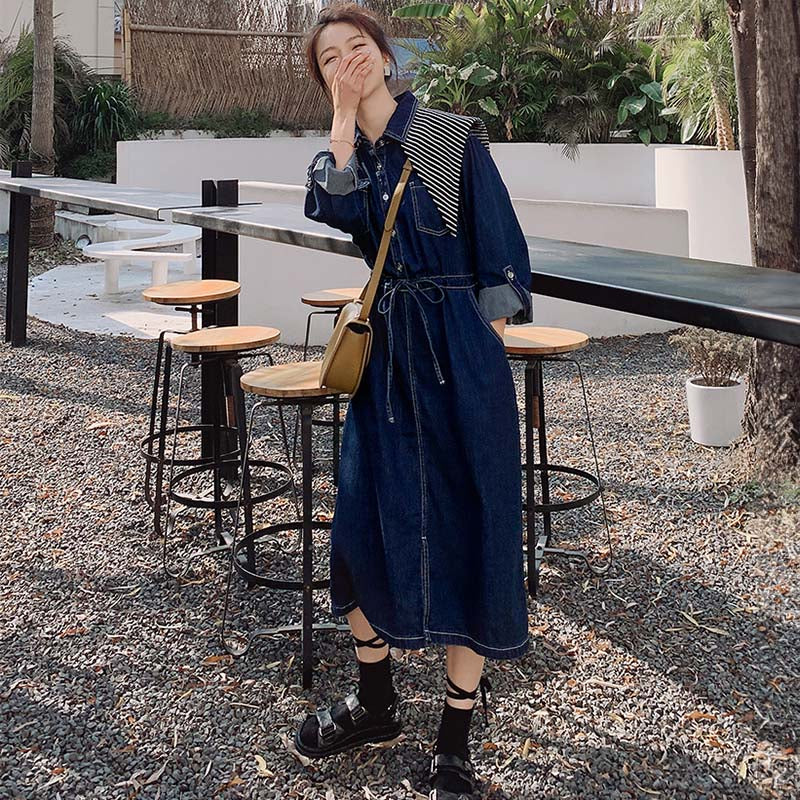 ストライプスカーフ付きデニムワンピース