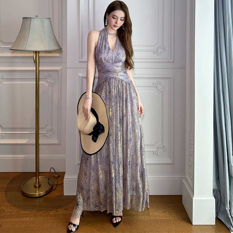 ホルターネックインクプリントロング丈パーティードレス(2colors)