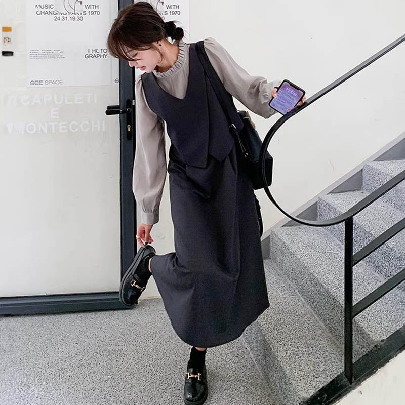 フリルネックフェイクツーピースレイヤード風ワンピース(2colors)