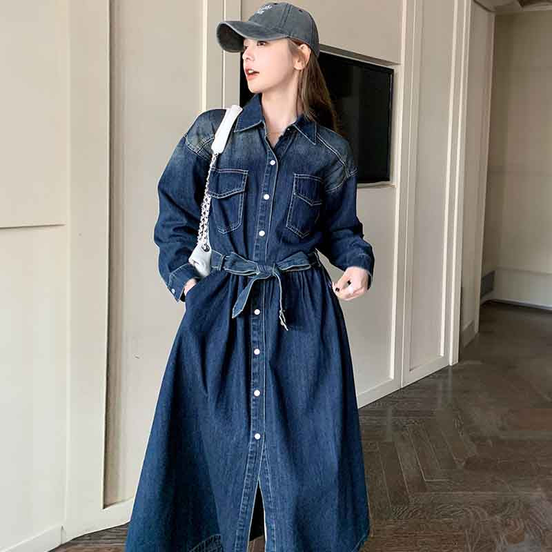 ロング丈デニムシャツワンピース