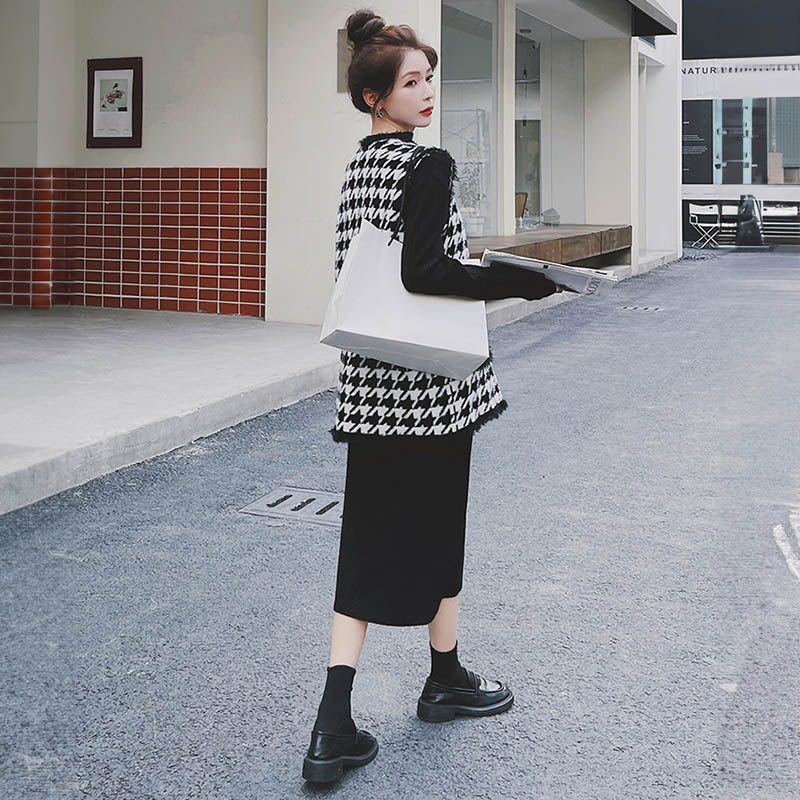 千鳥柄ベスト×リブニットワンピース
