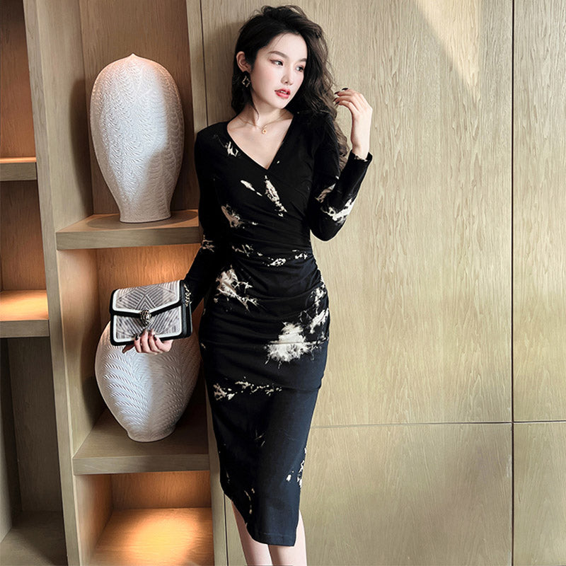 ペインティングプリントカシュクールペンシルワンピース