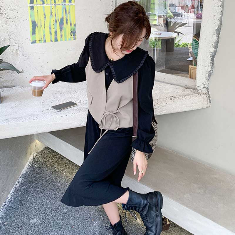 カシュクールベスト×ラウンドカラーワンピース