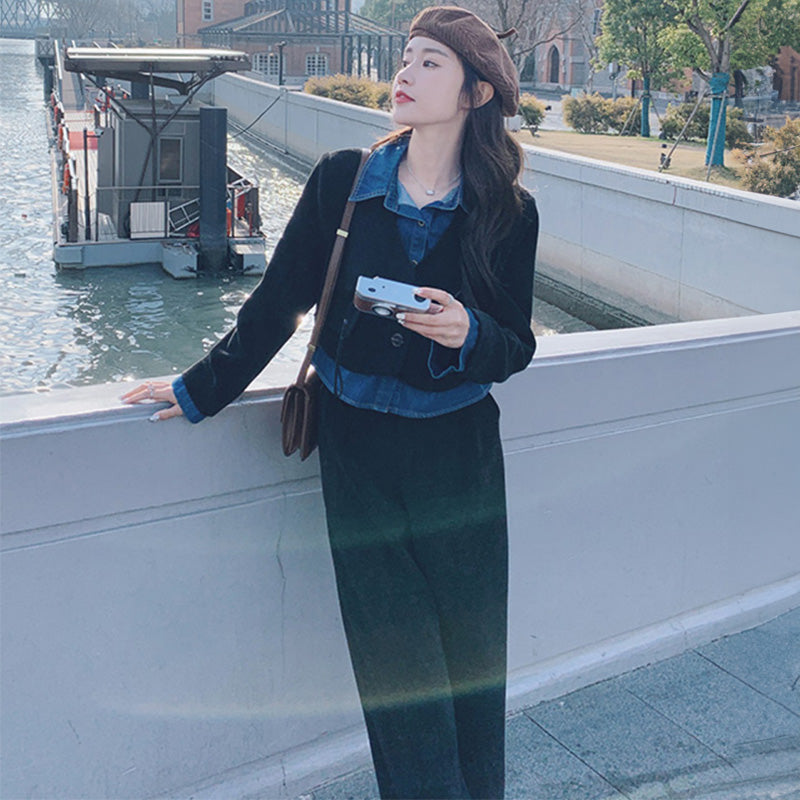 デニムシャツコンビクロップドジャケット×ワイドパンツ or ナロースカート(2colors / 2type)