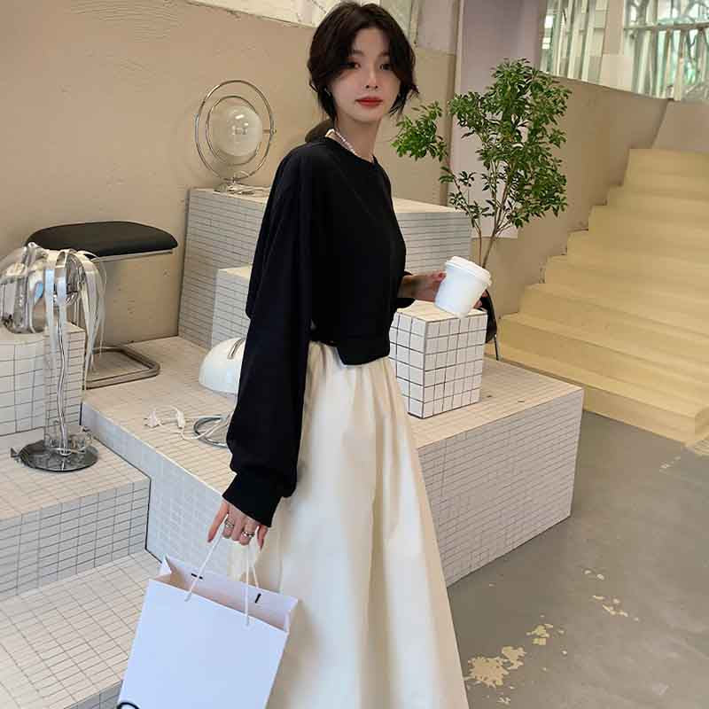 ショート丈ニットトップス×ロング丈シャツコンビ風ワンピース
