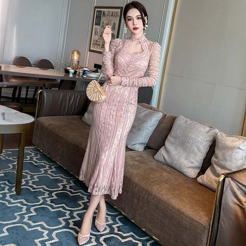 フロントオープンジオメトリックレースマーメイドワンピース