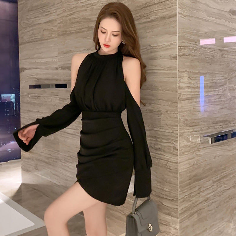 オープンショルダーキャンディースリーブミニワンピース