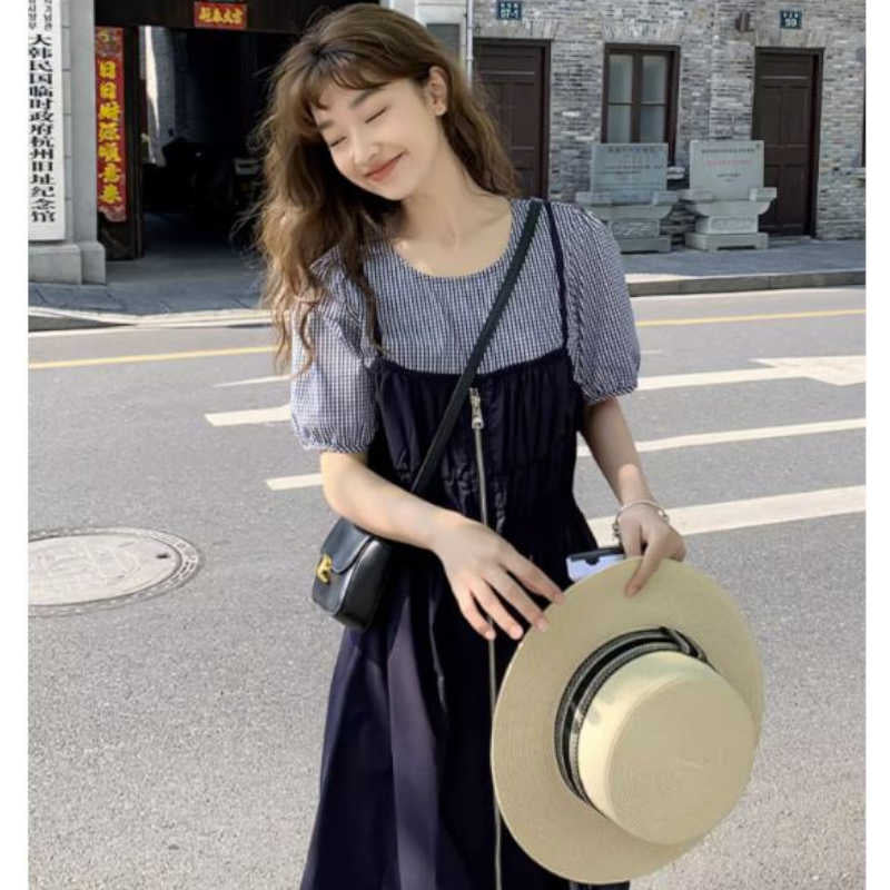 ギンガムチェックブラウスコンビフロントジッパーワンピース