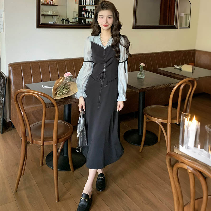 パフスリーブブラウスコンビレースアップロングワンピース