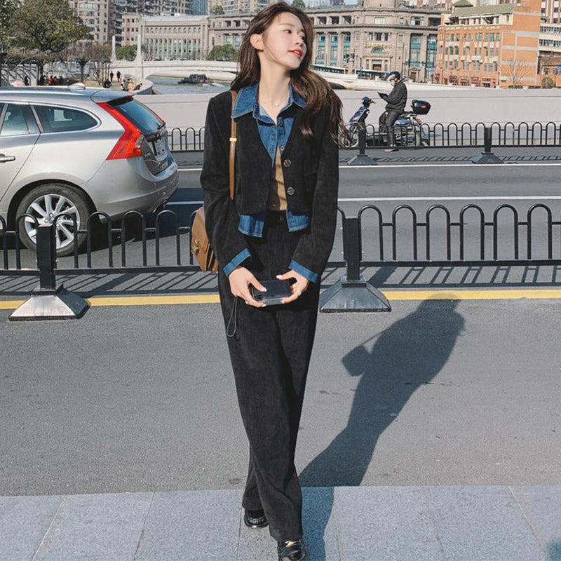 デニムシャツコンビクロップドジャケット×ワイドパンツ or ナロースカート(2colors / 2type)