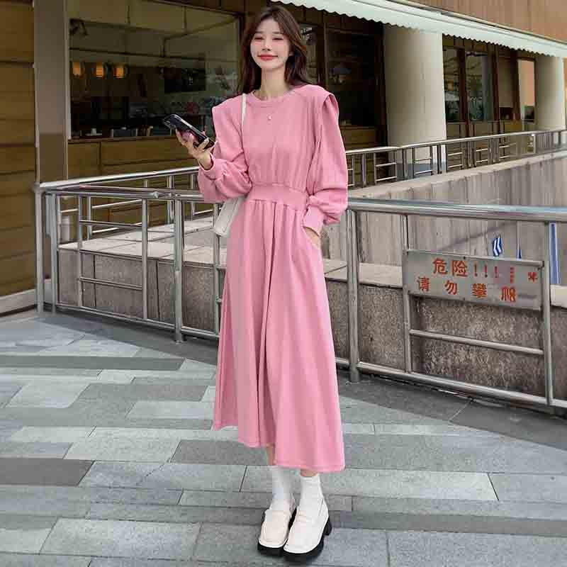 ピンクスウェット長袖Aラインワンピース