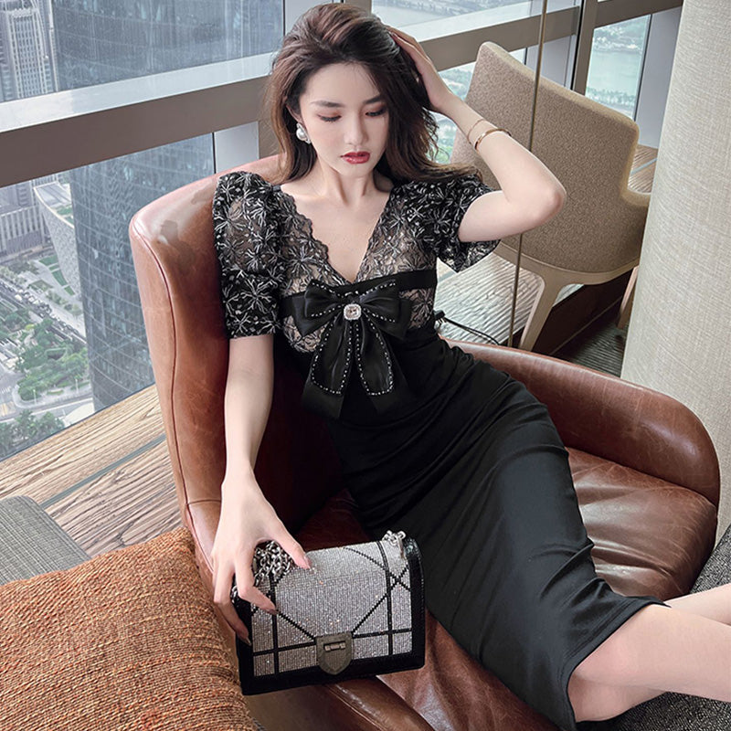 フロントリボンシアーレースコンビペンシルワンピース