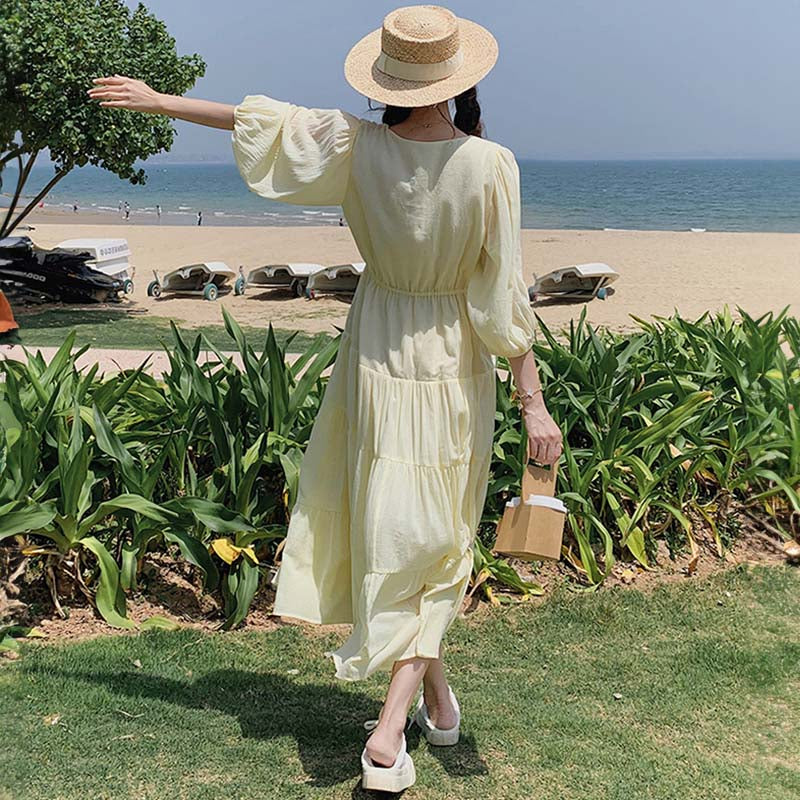 Vネックティアードワンピース