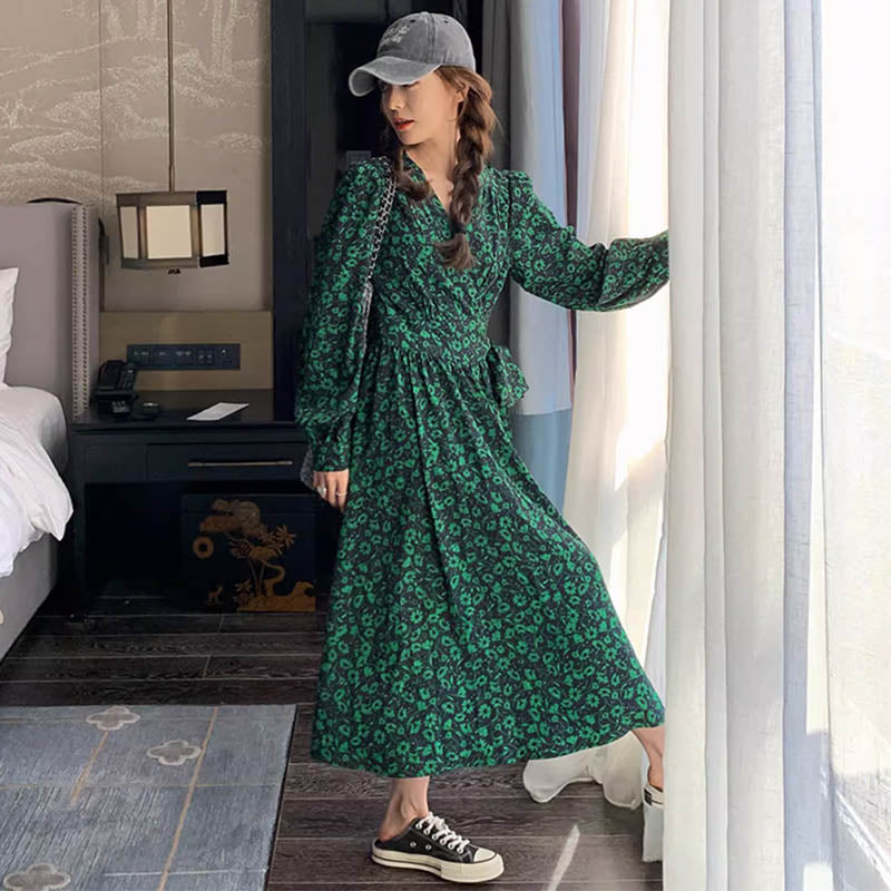 カシュクールボタニカル柄マキシワンピース