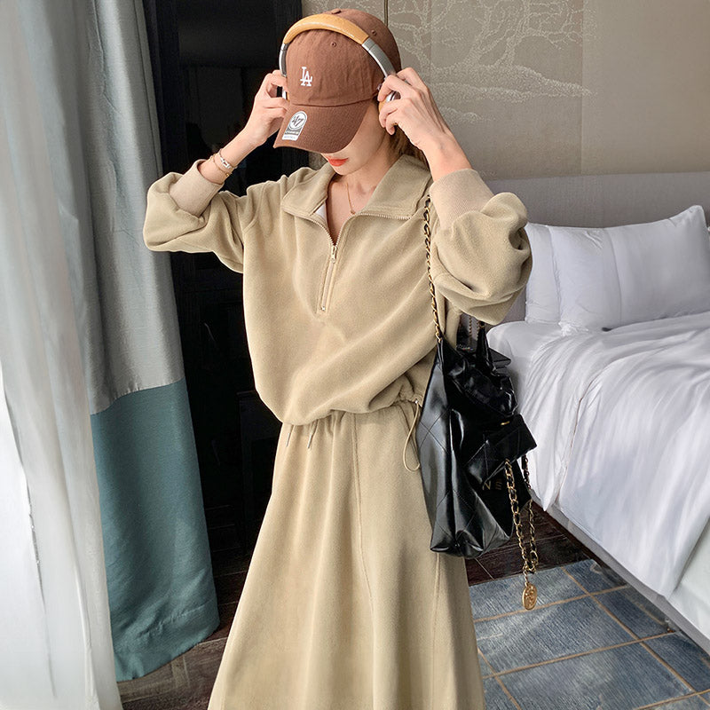 ハーフジップショートトレーナー×マキシフレアスカート