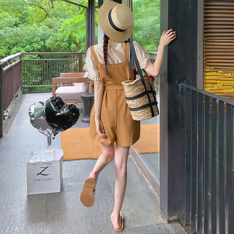 ラップスリーブブラウス×ウエストマークサロペット