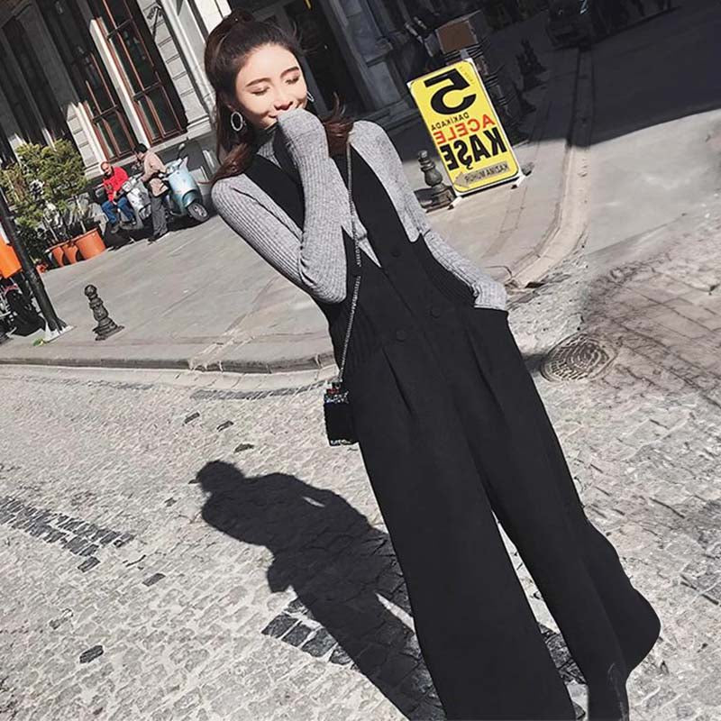 スリット入りハイネックリブニット×Vネックリブウエストサロペットパンツ(2colors)