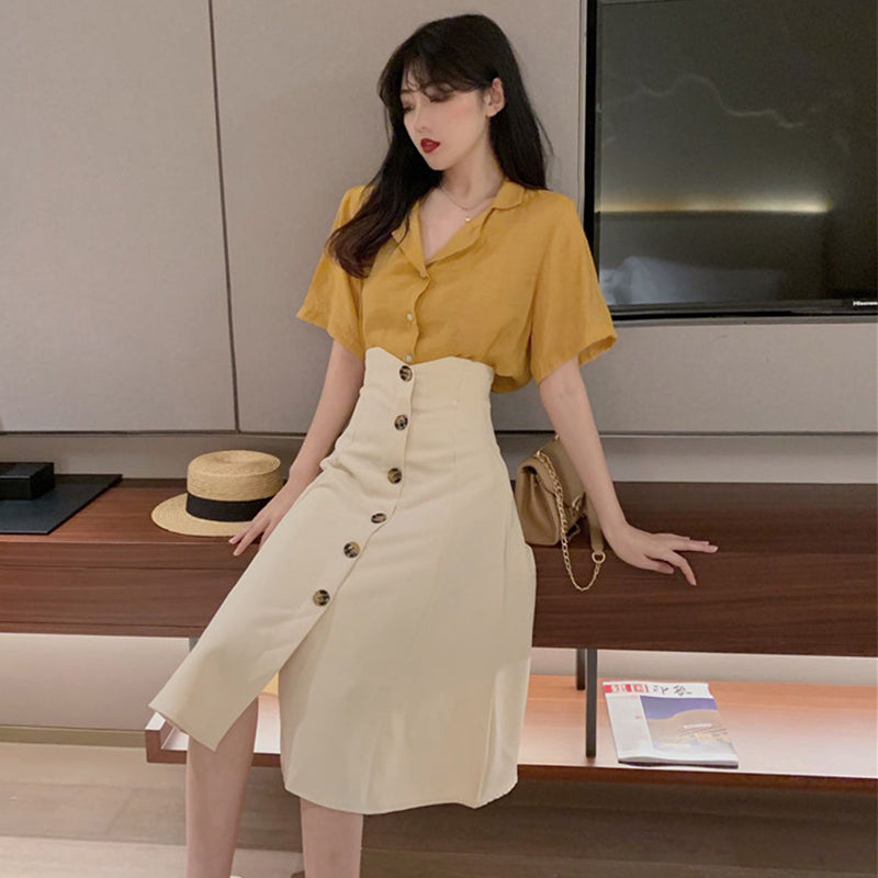 【即納】イエローオープンカラーシャツ×フロントボタンフレアスカート