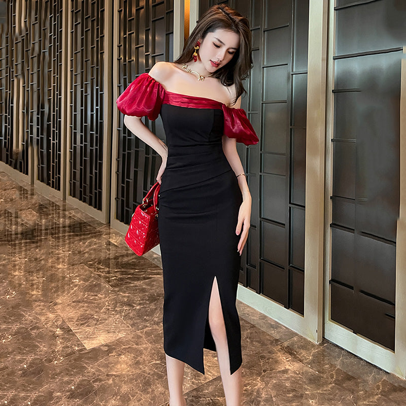 異素材バルーンスリーブバイカラーロングワンピース