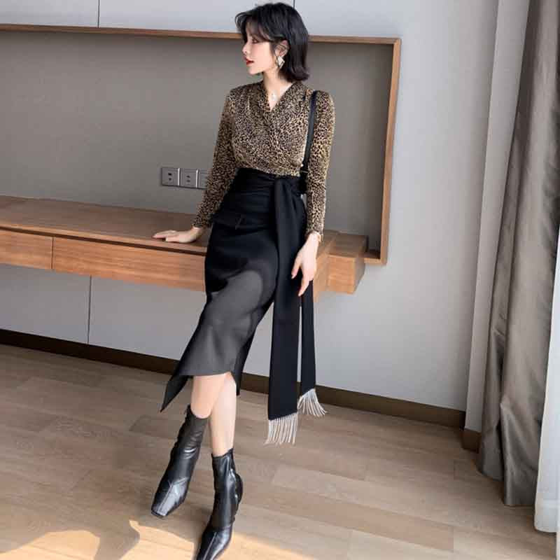 カシュクールレオパードトップ×アシメペンシルスカート